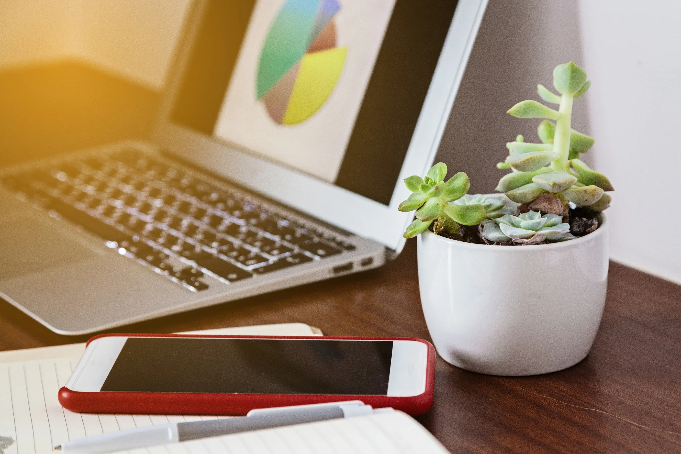 En bærbar datamaskin med et fargerikt kakediagram står på et trepult. Ved siden av står en liten hvit gryte med sukkulenter og en åpen notatbok. En smarttelefon med rødt etui hviler på den bærbare datamaskinen.